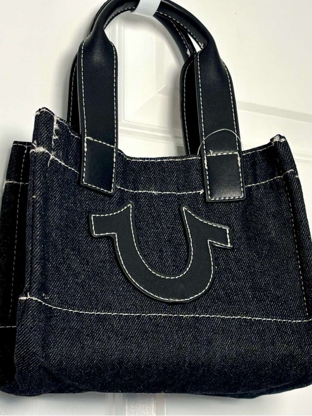 True Religion Black Denim/Leather Trim Horseshoe Logo Small Tote Handbag